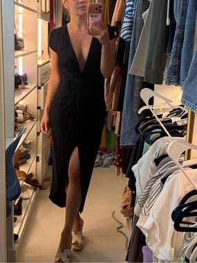 Rolla Coster Black Midi Dress with Deep V and Front Slit